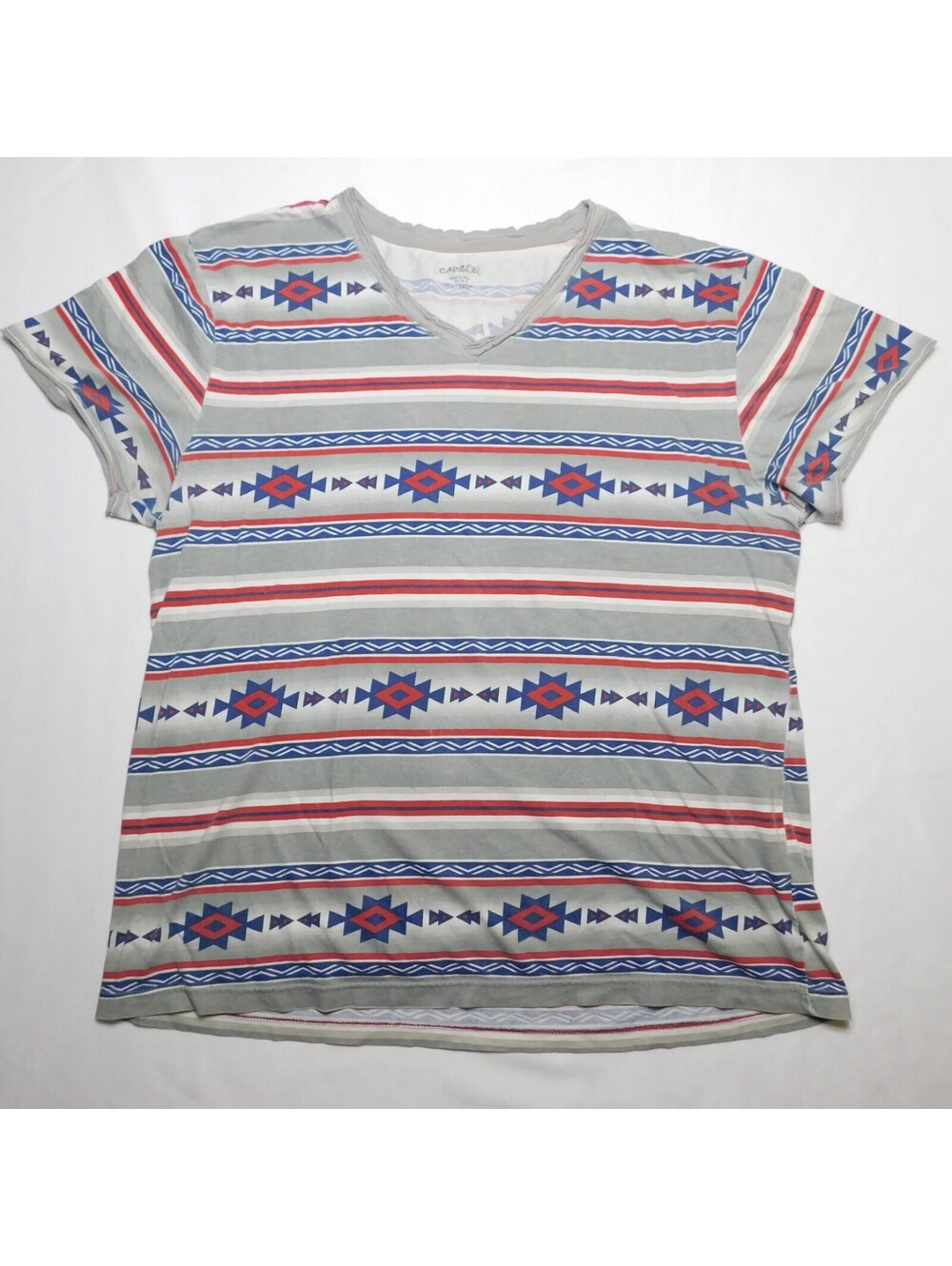Carbon Aztec Geometric Striped T Shirt Men's XL X-Large Grey Red Blue V-Neck